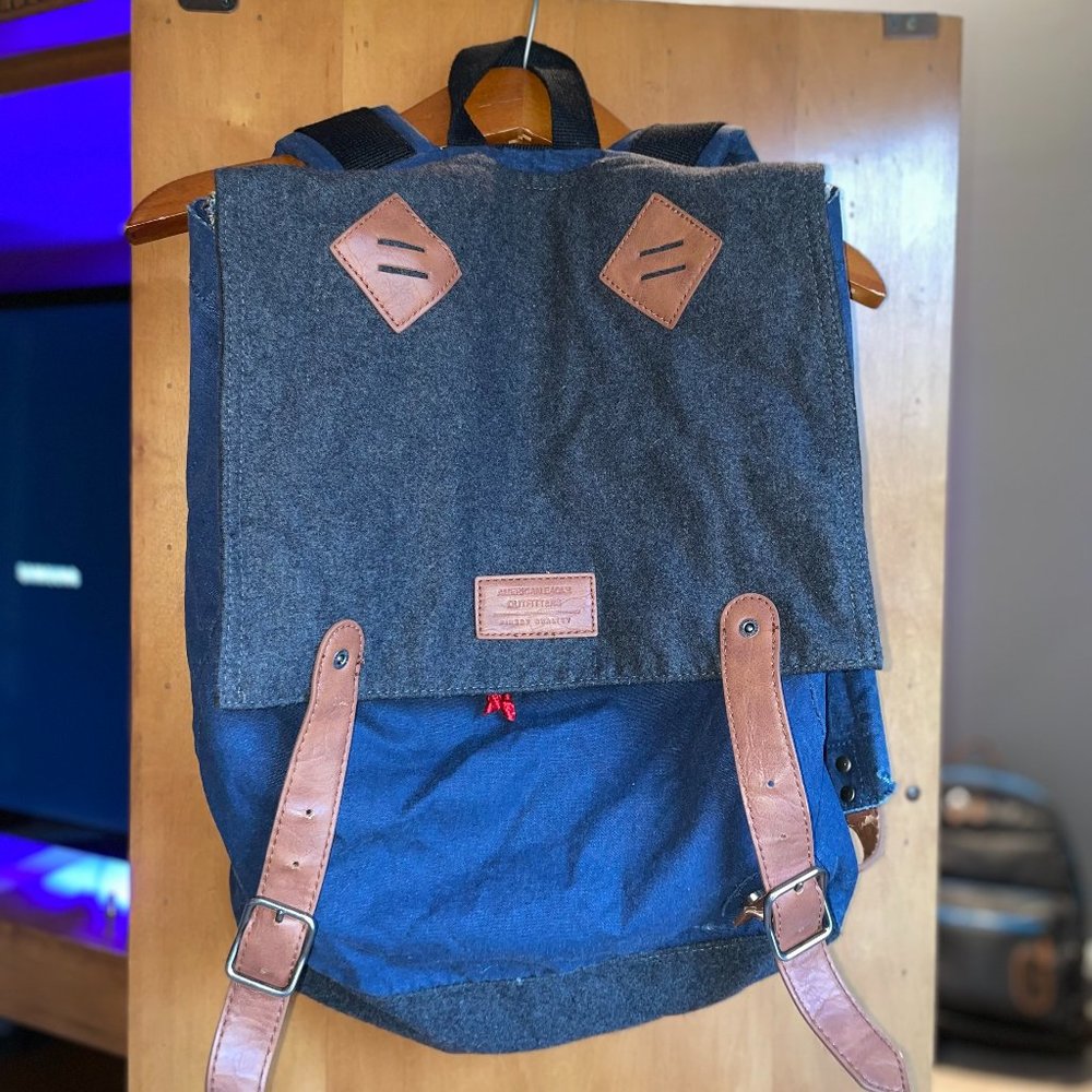 American Eagle Gray/Navy Blue Backpack with Leather Accents